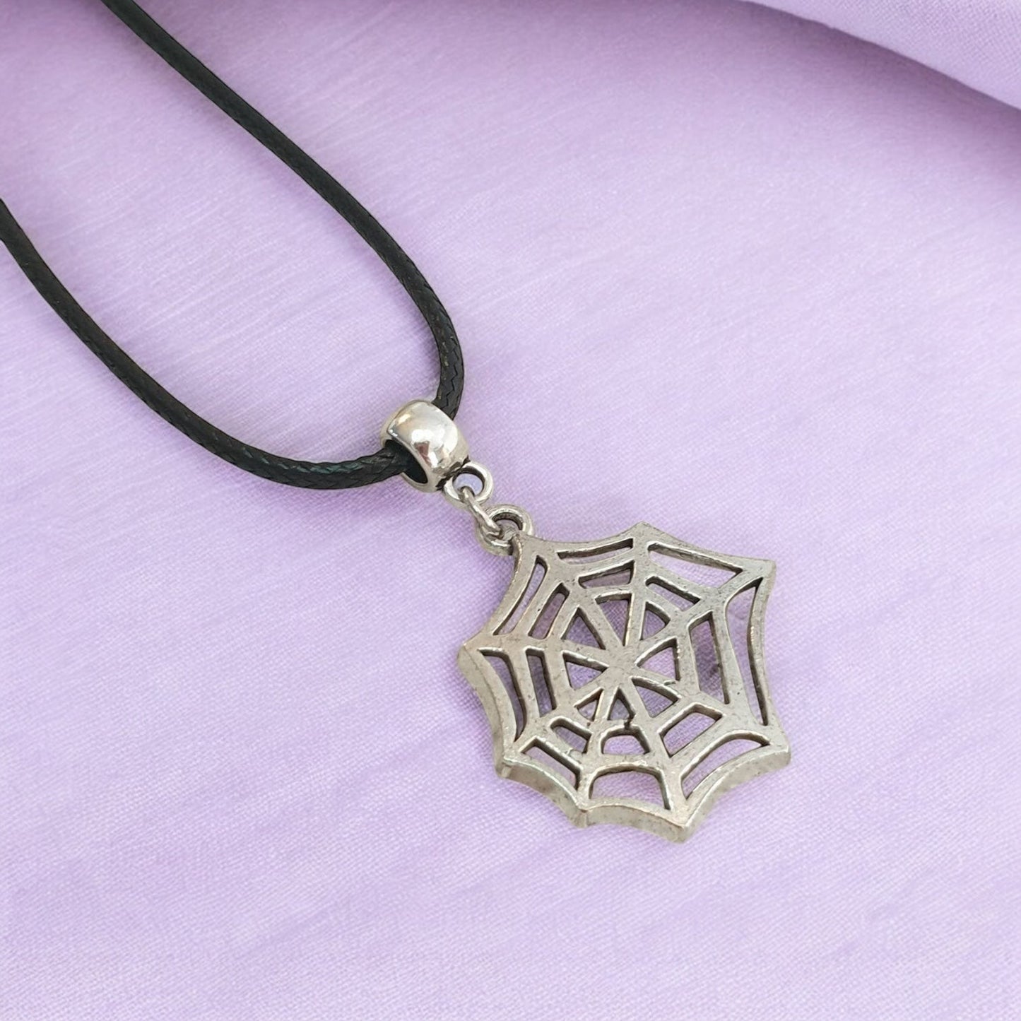 Cobweb Spider Web Charm Necklace Silver Plated Or Waxed Cord Variable Lengths, Gift Packaged, Spooky Halloween Gift