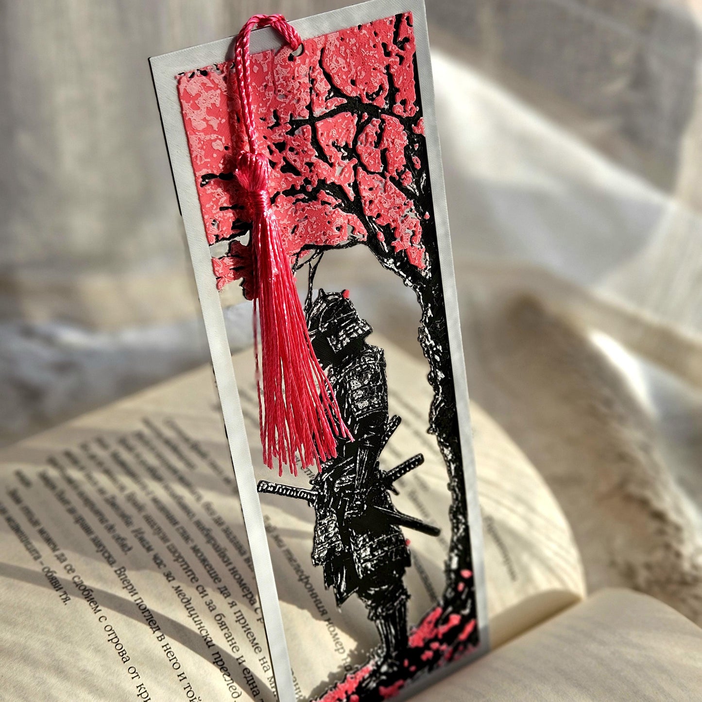 Sakura Samurai 3D Printed Bookmark | Durable PLA with Pink Tassel