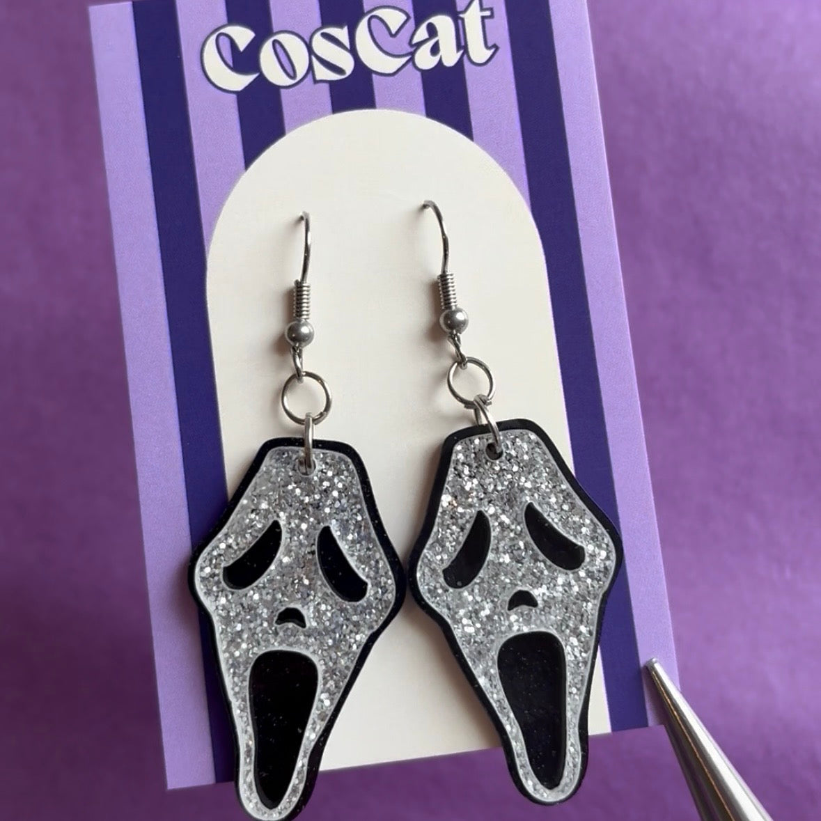 Black and glitter silver mask Halloween face scream horror earrings