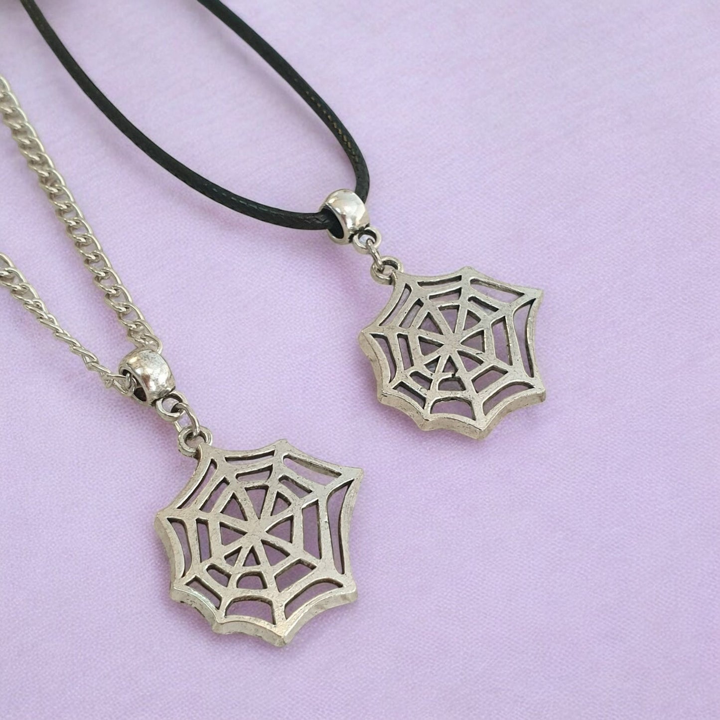 Cobweb Spider Web Charm Necklace Silver Plated Or Waxed Cord Variable Lengths, Gift Packaged, Spooky Halloween Gift