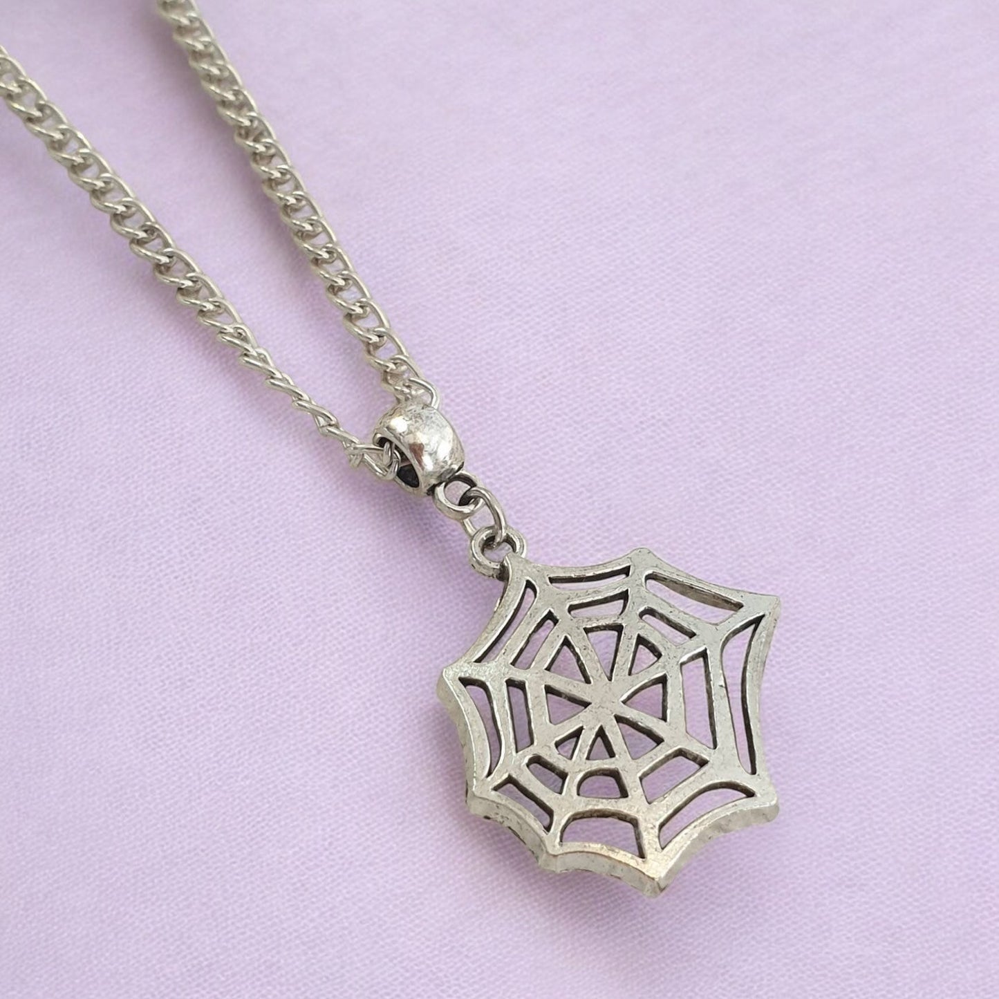 Cobweb Spider Web Charm Necklace Silver Plated Or Waxed Cord Variable Lengths, Gift Packaged, Spooky Halloween Gift