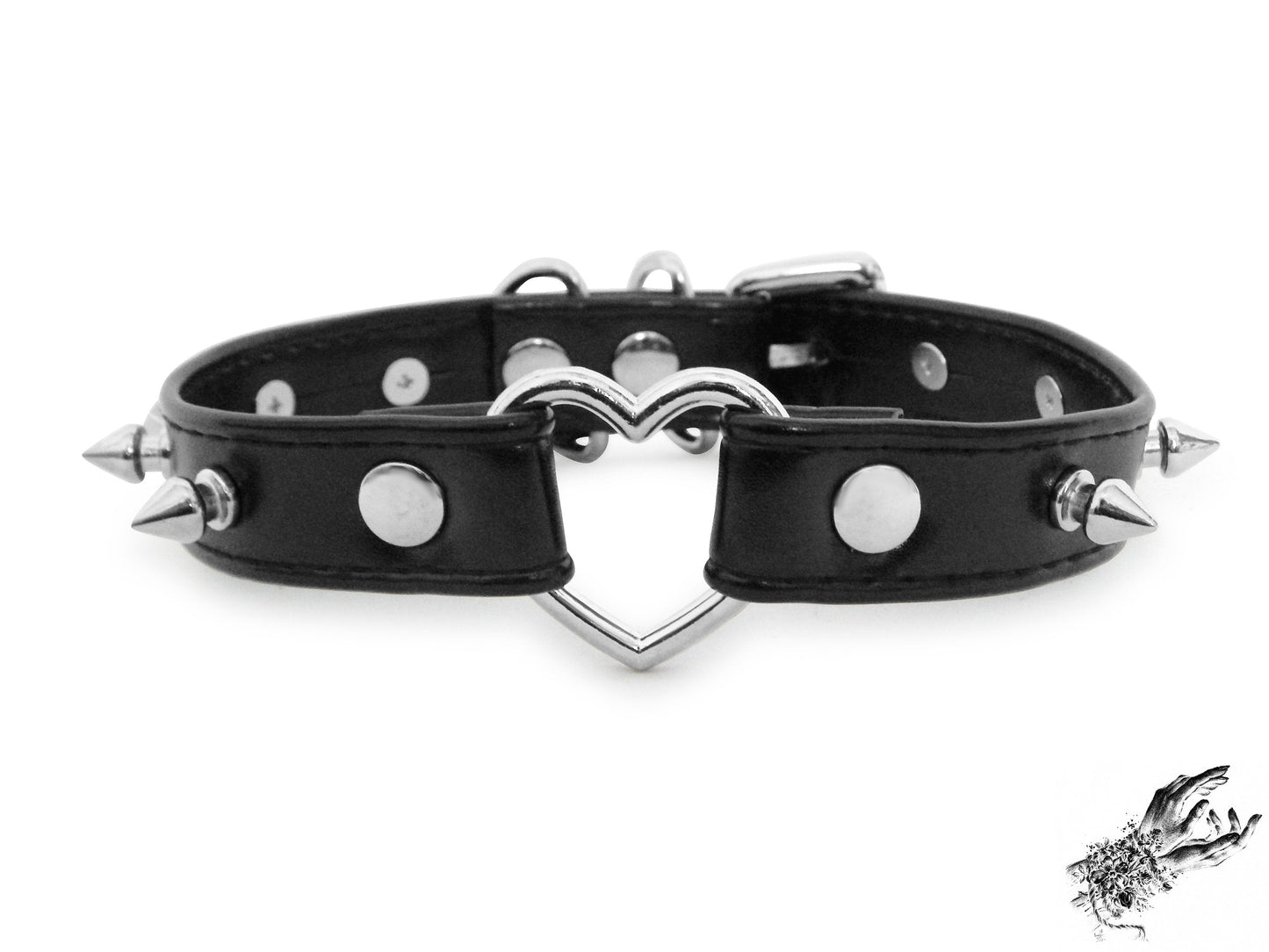 Black Faux Leather Studded Heart Ring Choker