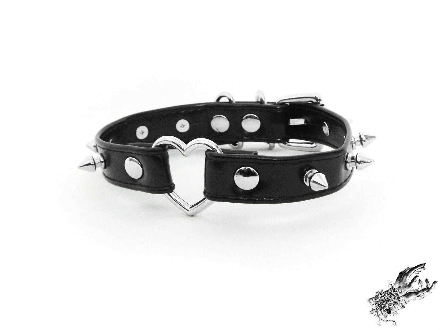 Black Faux Leather Studded Heart Ring Choker