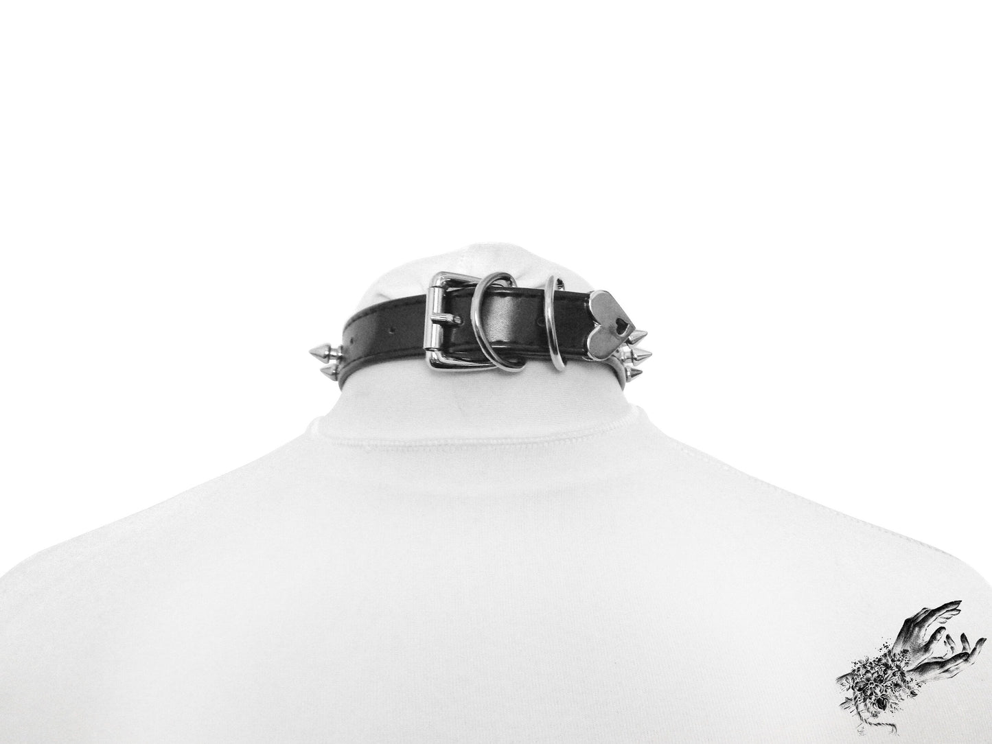 Black Faux Leather Studded Heart Ring Choker