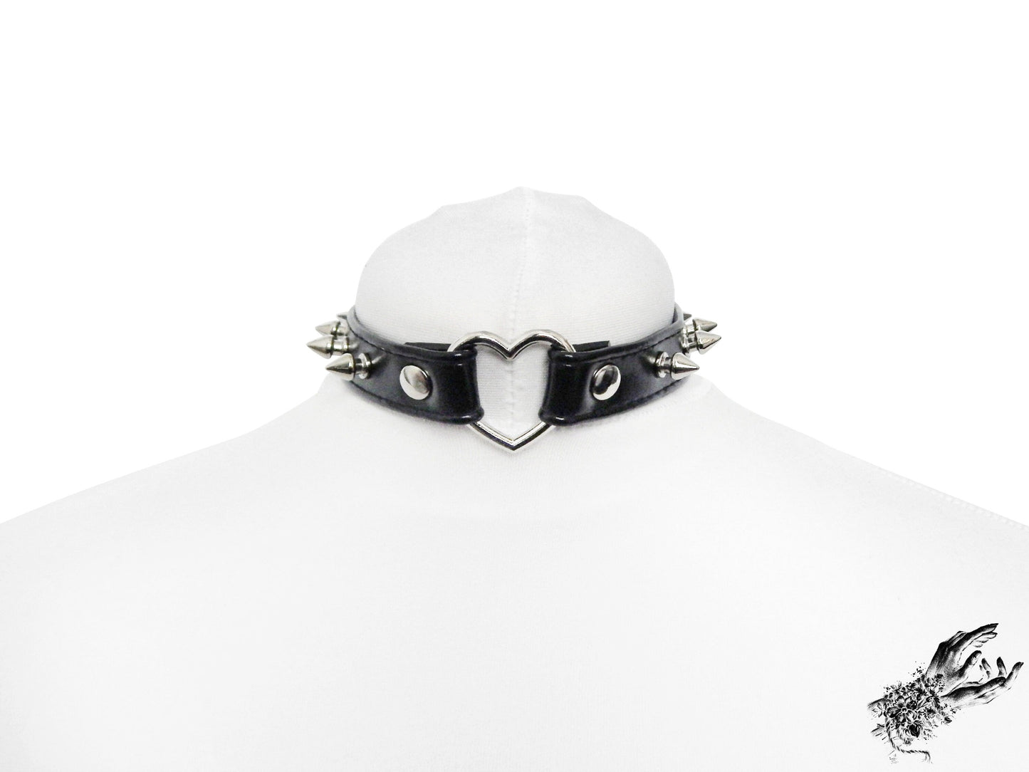 Black Faux Leather Studded Heart Ring Choker